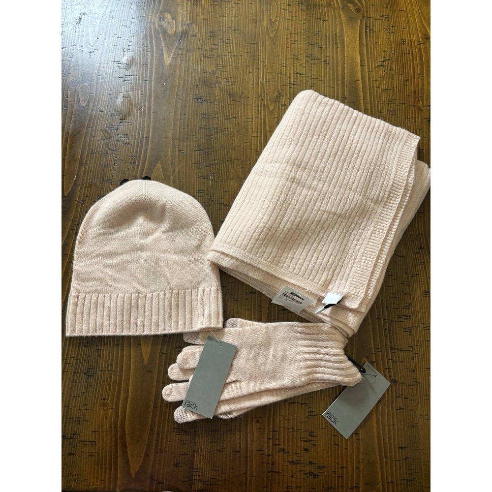 Nordstrom Rack 100% Cashmere Hat, Scarf & Gloves Set Light Pink Cozy Winter